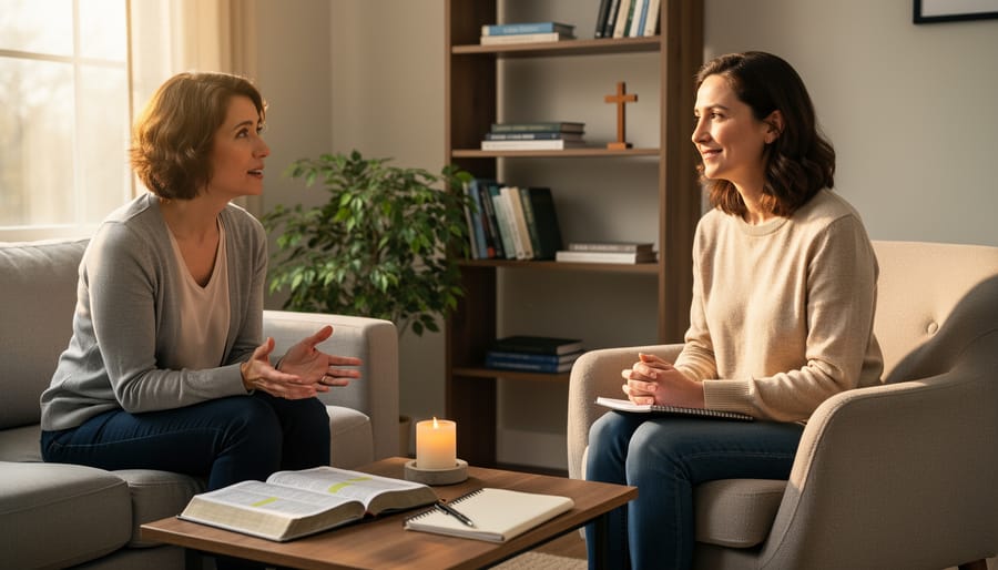 Two people in a calm counseling office with one person holding a journal, suggesting faith-integrated therapy and discernment.