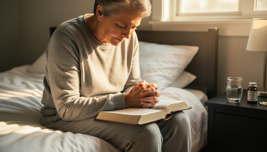 Person seated with an open Bible, hands resting calmly, in a softly lit prayer space.