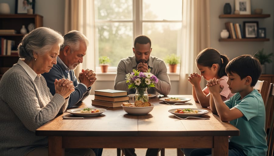 Family members gathered in a living room with hands bowed in prayer, illuminated by warm window sunlight