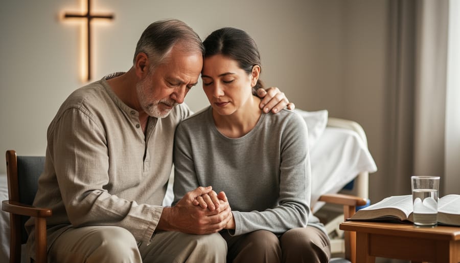 Close-up of two people holding hands in a prayerful moment