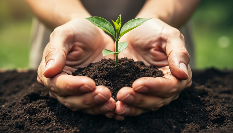 Hands planting a young green plant in dark soil inside a greenhouse with a watering can nearby