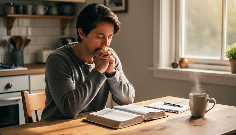 Person standing with hands clasped in prayer in a sunlit room with soft light beams.