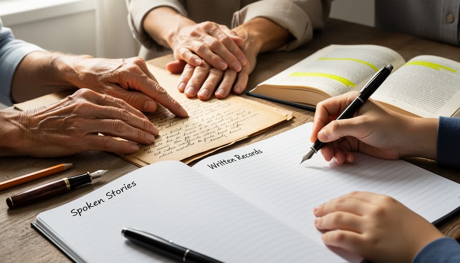 Hands holding a scroll and clay tablet over a woven mat, suggesting the move between spoken tradition and writing.