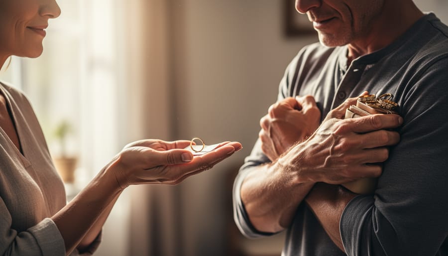 Two hands sharing bread over a wooden table, illustrating humility and mutual love.