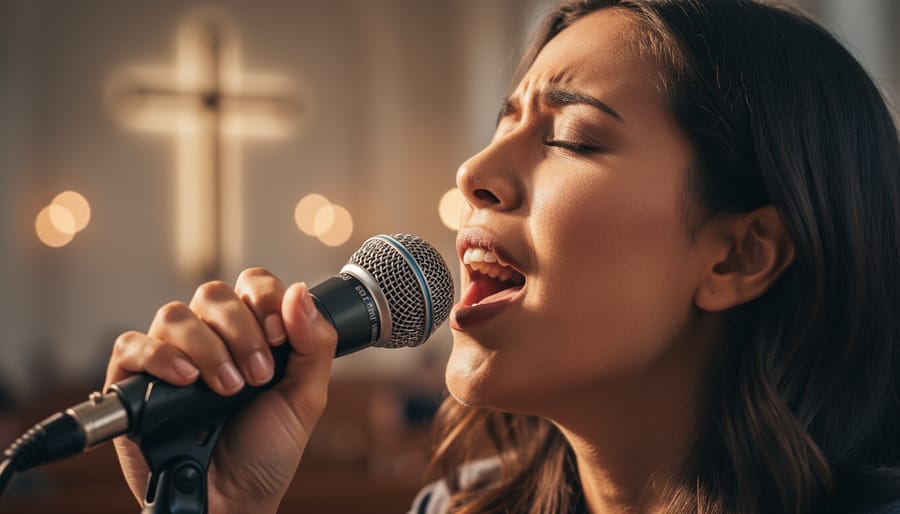 Close-up of a person singing with an open mouth in worship.