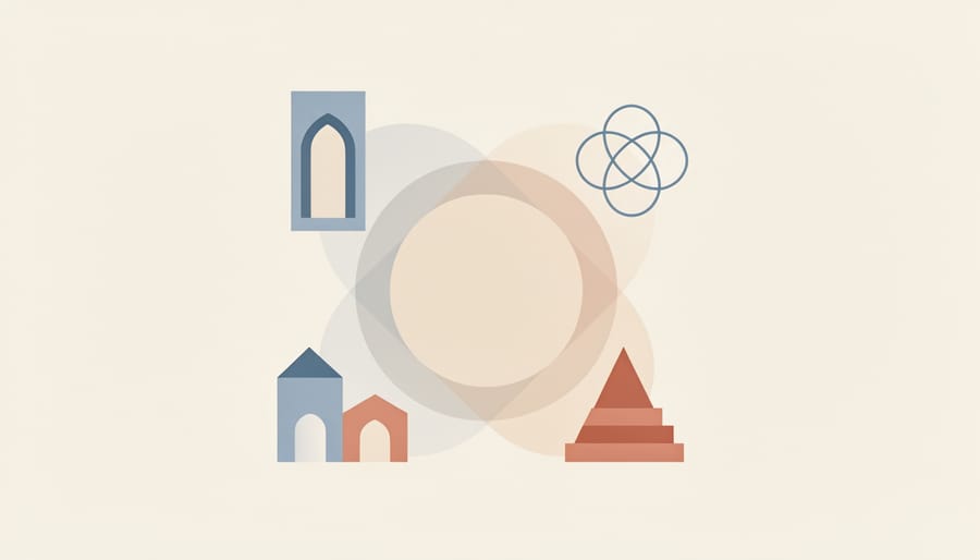 People from different faiths sit in a circle for quiet reflection in a community hall, each with their own religious materials visible but unreadable.