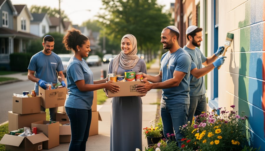 A diverse group of volunteers pack meal boxes together at a community center, including people from different faith communities.