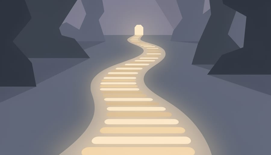 Garden path at night with a softly glowing lantern ahead and bokeh lights in the distance.