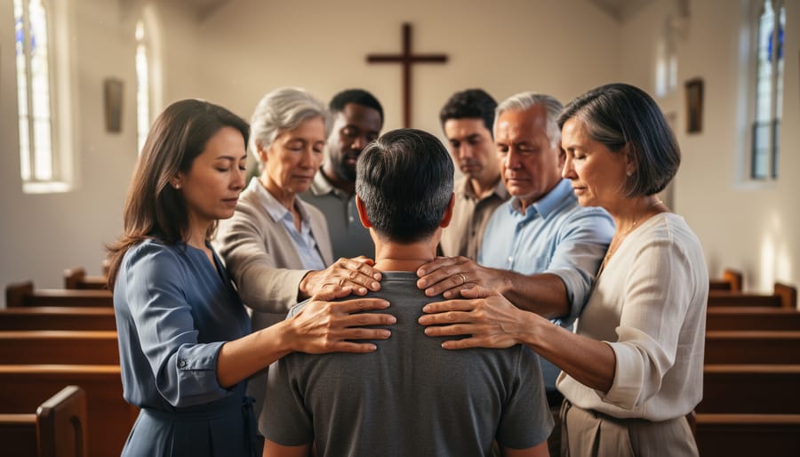 Close-up of an elder’s hands resting on a congregant’s shoulder during prayer in a church