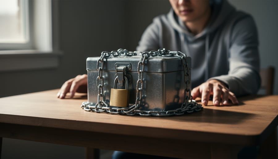 A locked wooden cash box with a key on a table in warm indoor lighting