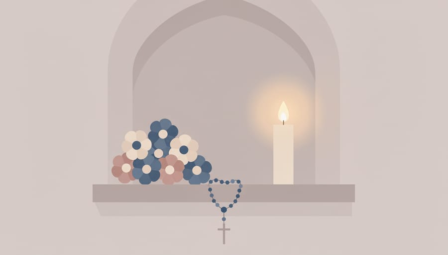 Marian shrine ledge with flowers, rosary, and a candle beside a framed image of the Virgin Mary