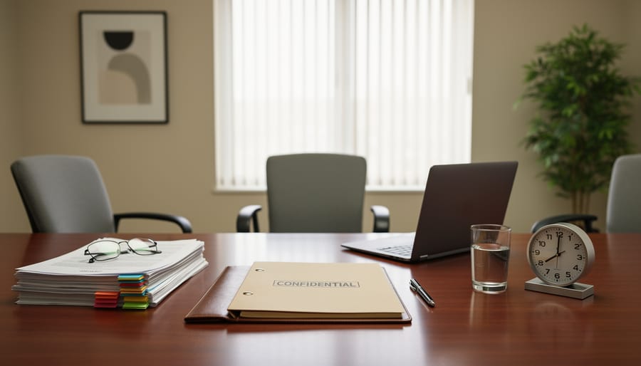 Open notebook and Bibles on a church office table prepared for confidential mediation conversations