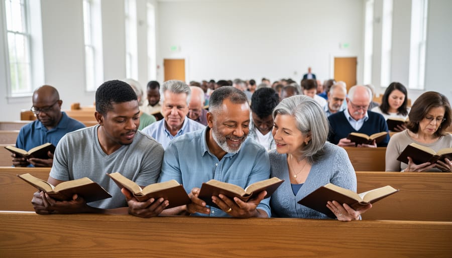 Church members studying an open Bible together at a table