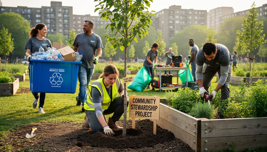 Volunteers carrying reusable crates of recyclable materials in a community setting near green plants.