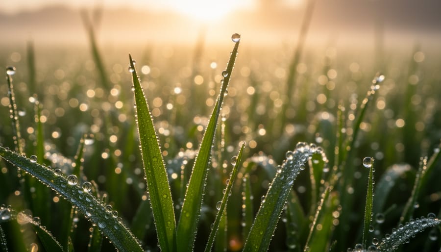 Close-up of a green sprig in a hand while walking through dew-covered grass in the morning.