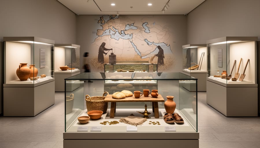 Museum display case with ancient stone tools and clay household artifacts