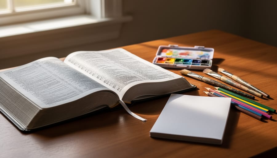 Open Bible on a wooden lectern with a paintbrush and charcoal nearby, symbolizing Bible-inspired creativity in worship.