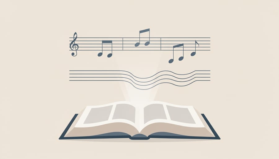 An open Bible on a wooden lectern beside a candle and music sheets.