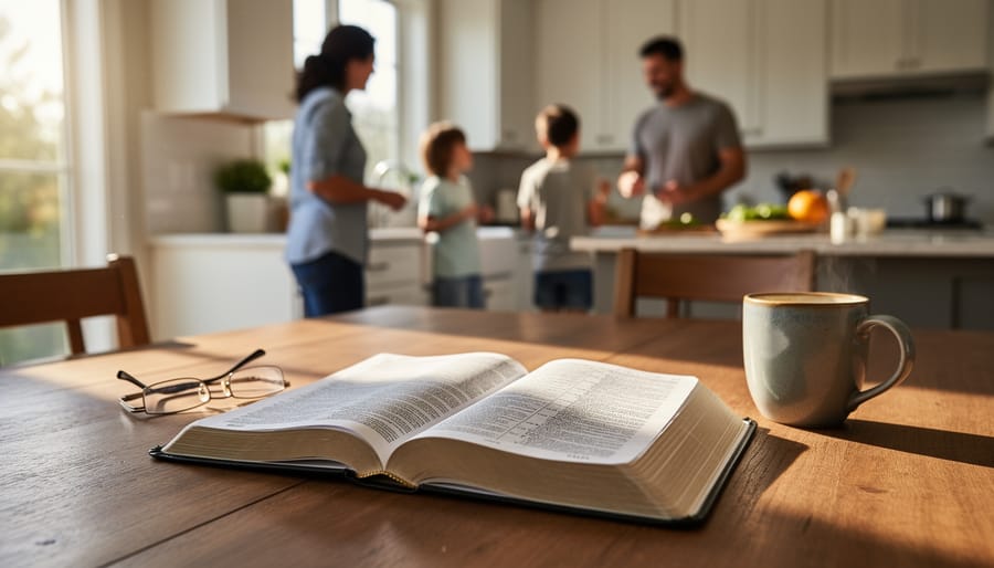 Open Bible on a wooden coffee table with a candle and cross nearby in a softly lit living room