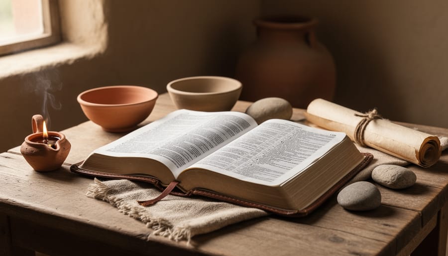 An open Bible on a wooden table with a clay oil lamp and linen cloth nearby