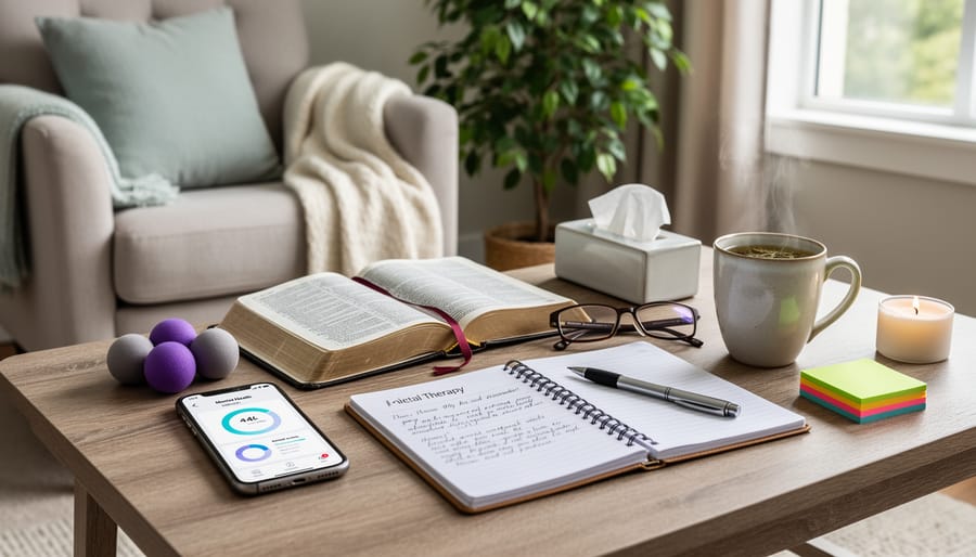 Open Bible resting on a table beside a softly lit lamp and a blank journal