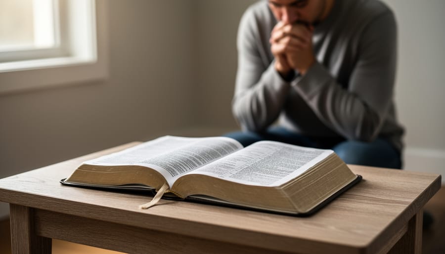 Open Bible on a wooden table next to a candle with folded hands in prayer