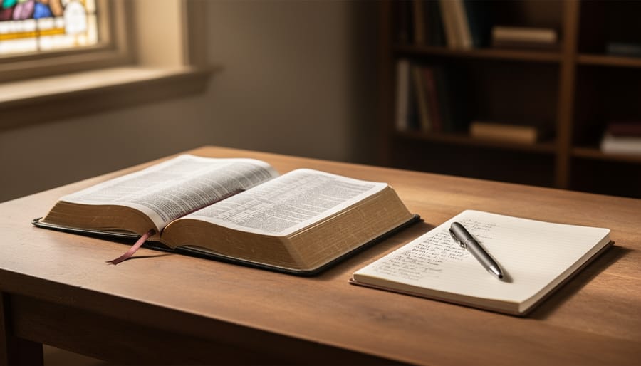 Open Bible on a wooden lectern beside a prayer journal in a softly lit church setting