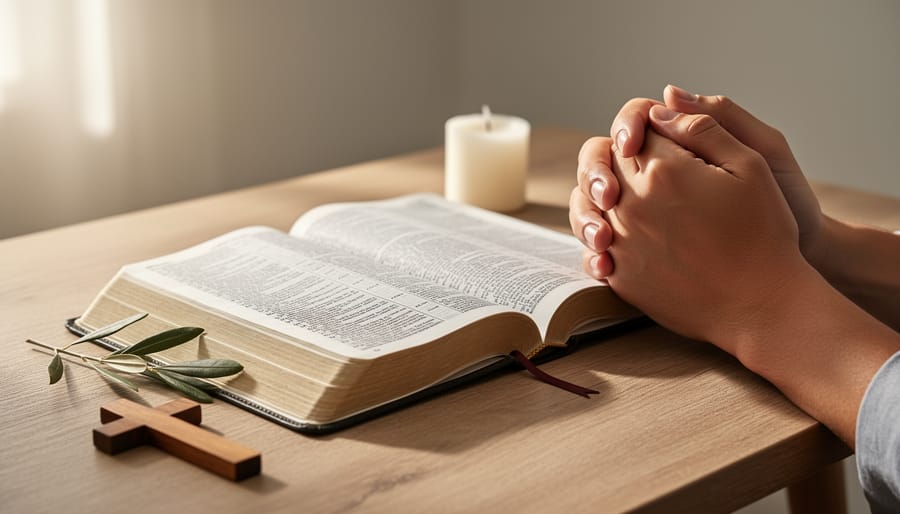 Open Bible on a wooden table with a prayer shawl and small bowl of water