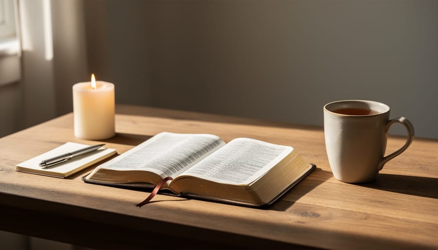 Open Bible on a wooden table beside a small cup of water and a prayer cloth in a softly lit room
