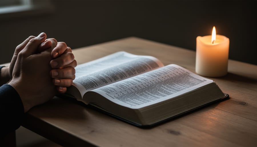 Open Bible on a wooden pulpit with a lit candle and clasped hands nearby