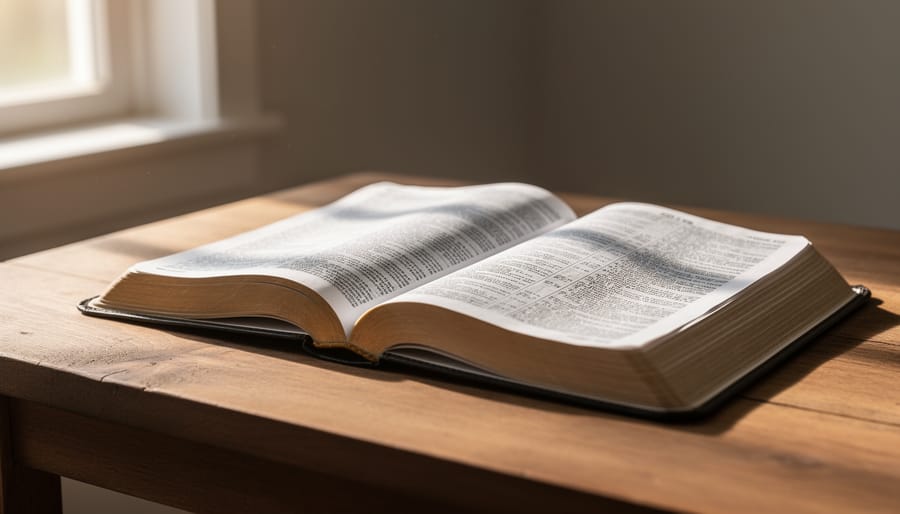 Open Bible resting on a wooden table with a softly lit candle and a cup nearby.