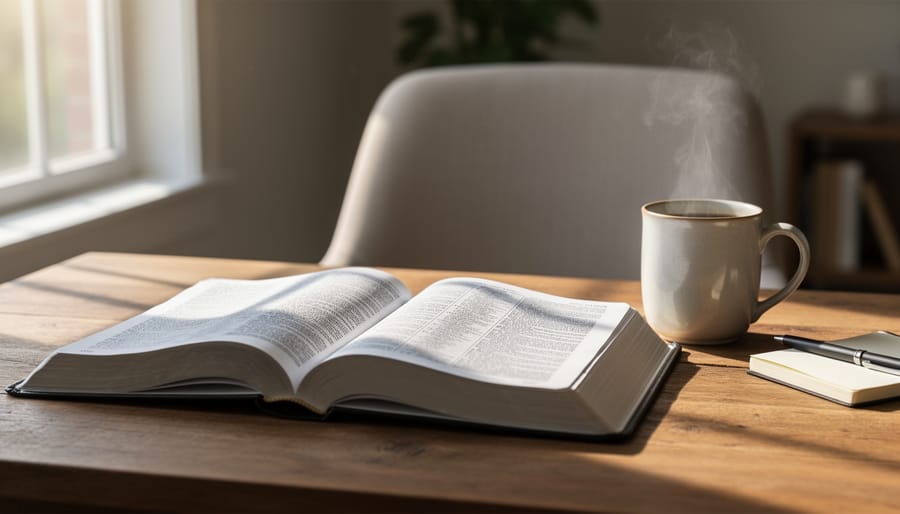 Open Bible on a wooden desk with a notebook and a lit candle nearby