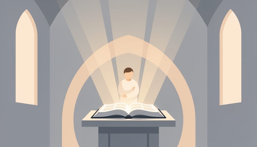 An open Bible resting on a church bench with sunlight and stained-glass color in the background