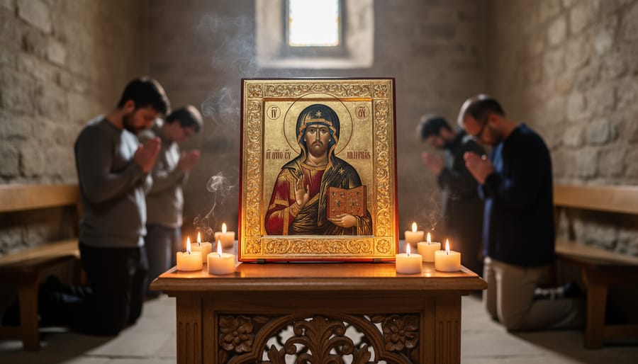 Close-up of an Orthodox icon of Christ on an icon stand with a softly lit church interior behind