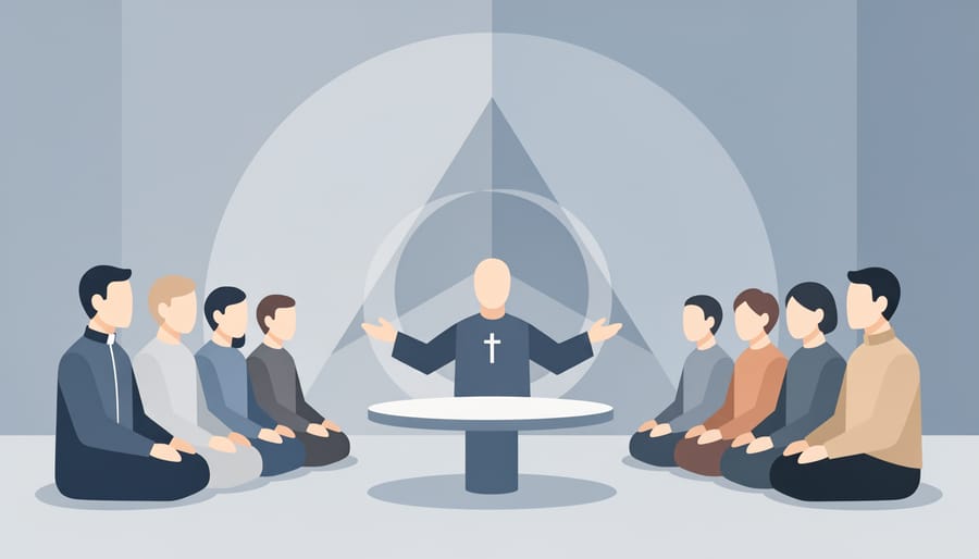 Pastor and congregants in quiet, respectful mediation posture