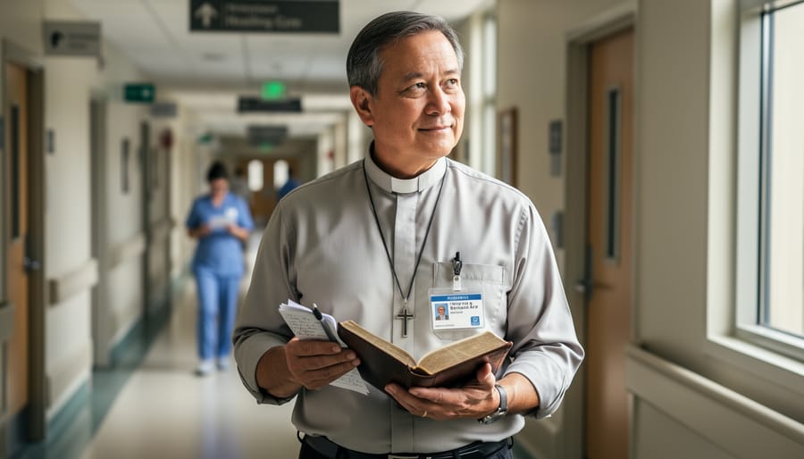 Pastor silhouette holding a Bible at the entrance of a hospital corridor