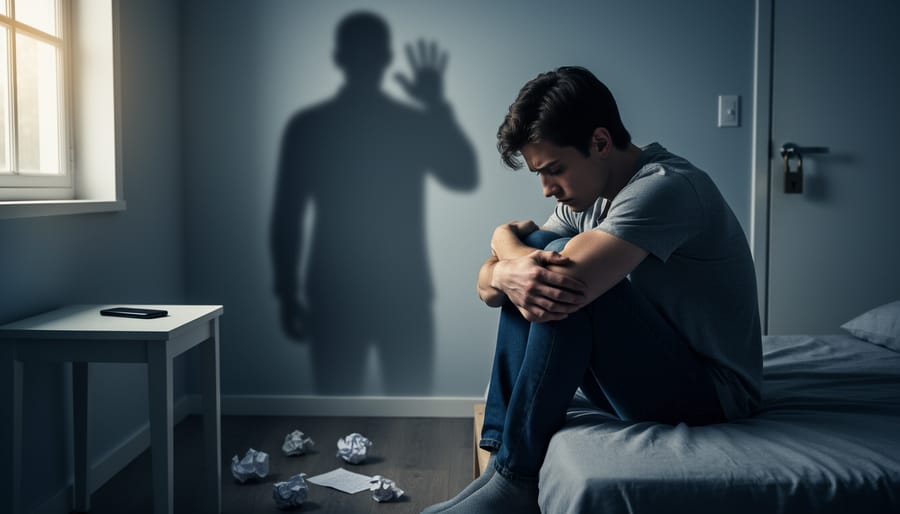A person sitting alone on a couch with their head bowed and hands covering their face
