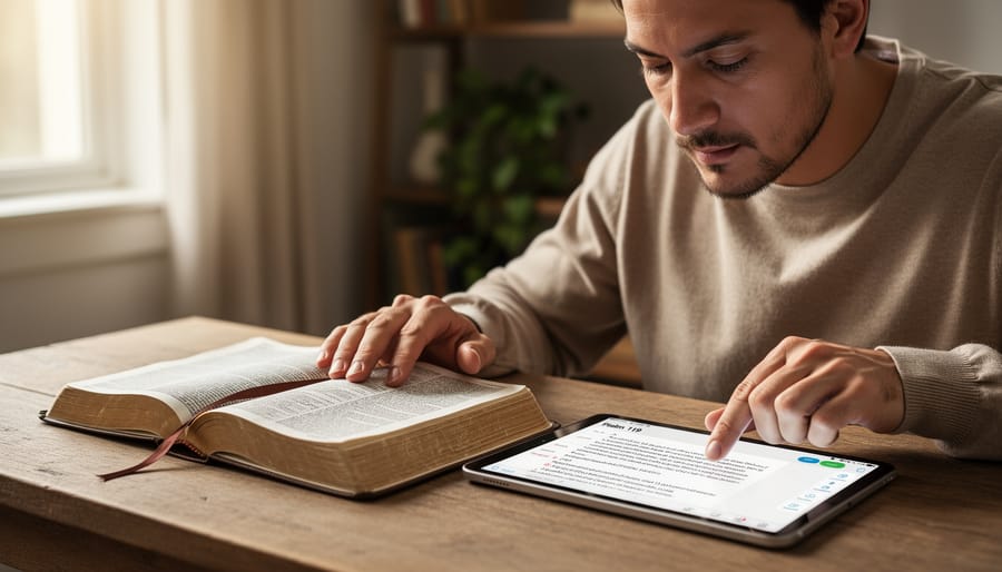 A person reading an open Bible while using a tablet and headphones in a softly lit room.