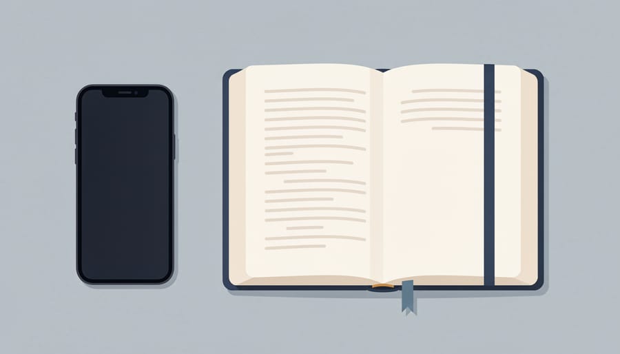 A smartphone resting beside a journal and an open Bible on a desk, symbolizing mindful boundaries for Scripture study.