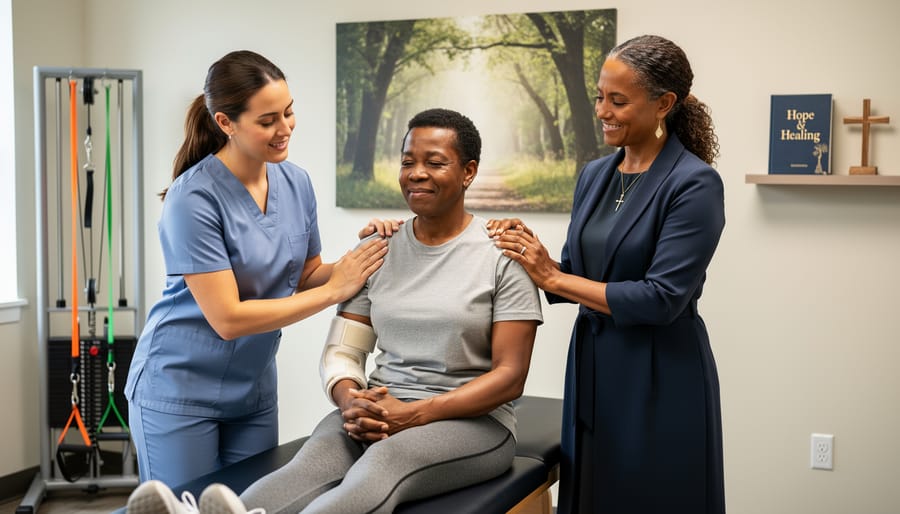 Physiotherapist adjusting a supportive brace for a client in a calm clinic setting.