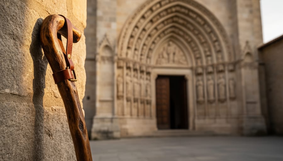Pilgrim staff leaning against a carved stone church arch in a cloister setting