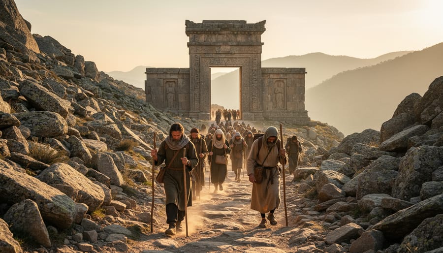 Pilgrims walking along a sunlit stone path toward historic gates in a religious landscape