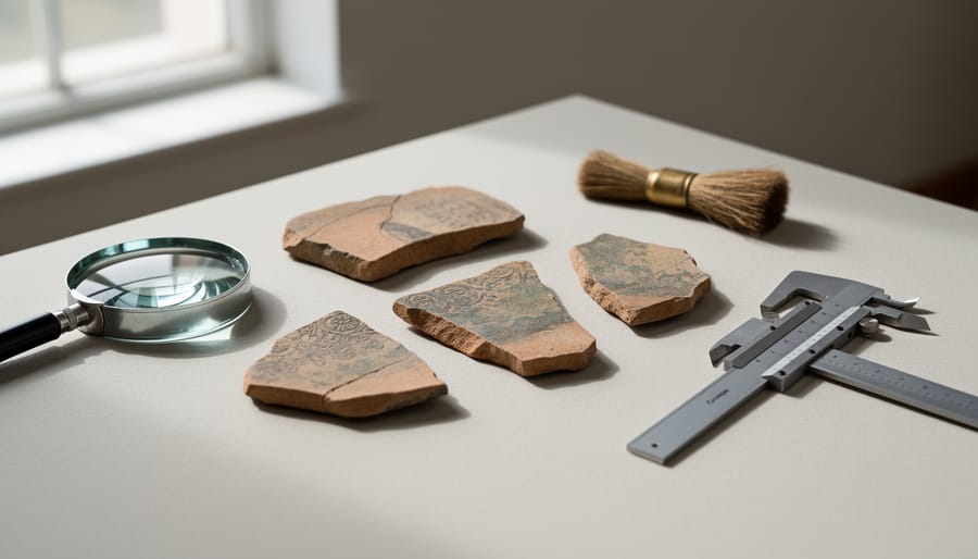 Archaeological pottery sherds on a padded surface with a hand lens