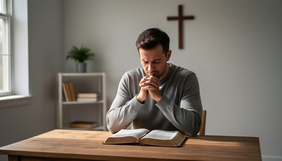 A person praying with an open Bible on a wooden pew in a quiet chapel.