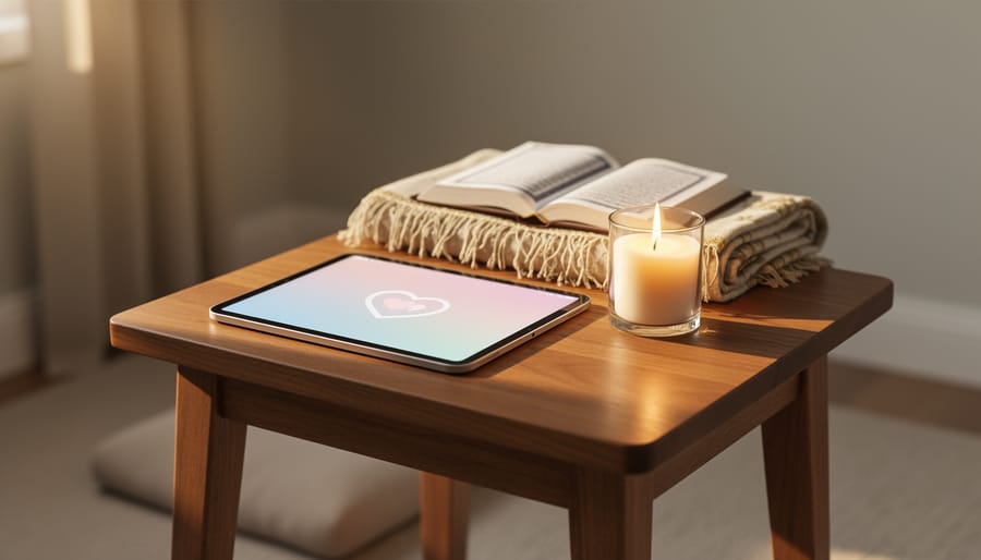Prayer space with a lit candle, empty chair, and resting tablet in a softly lit church room