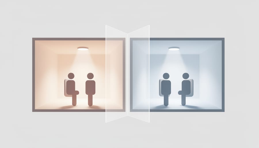 Two doors in a hallway with soft light separating private and shared spaces