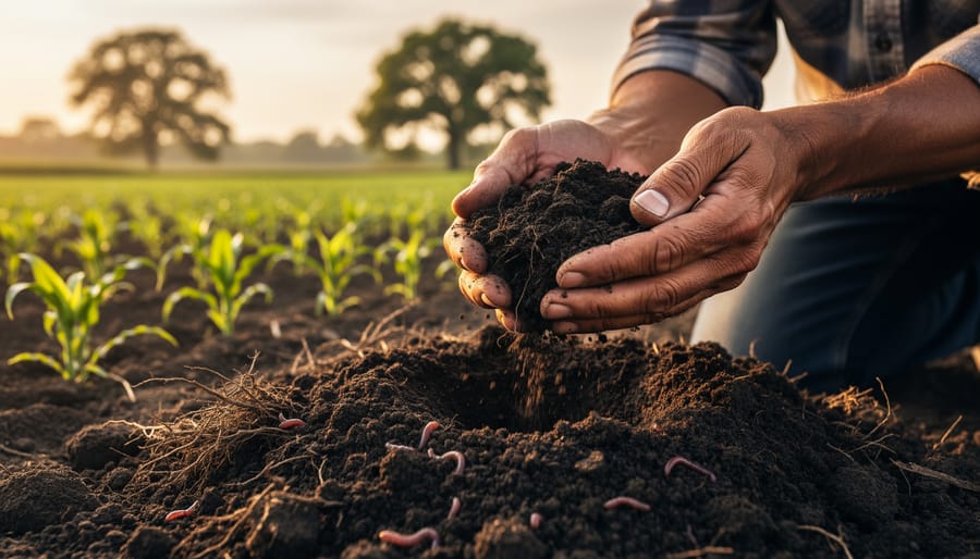 Macro view of rich dark soil with visible plant roots and organic matter.
