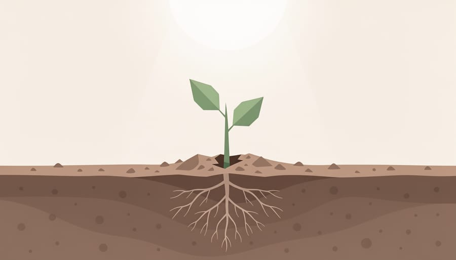 A small green sapling growing from dark soil toward morning sunlight