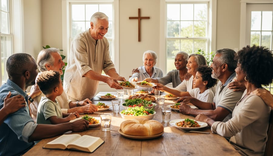 People serving food together at a community table