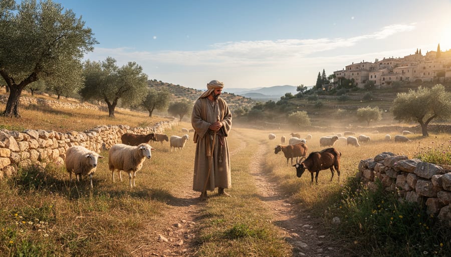 Shepherd’s staff beside a golden wheat field with olive trees in the distance